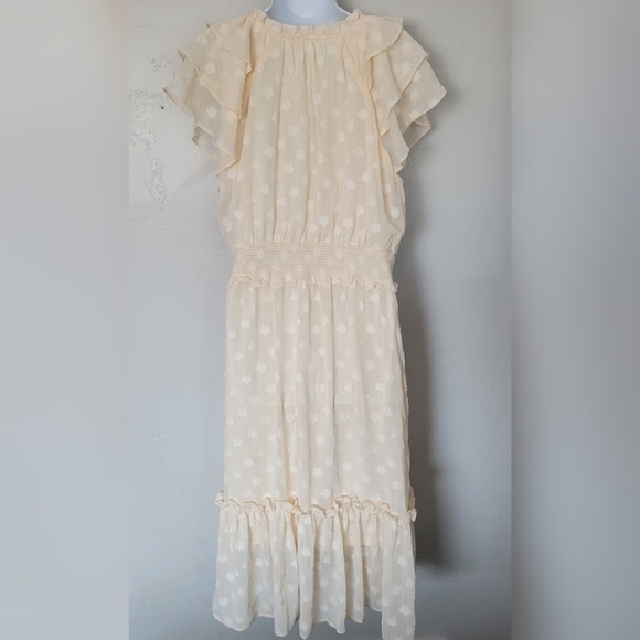 Orange Creek Women's XL Ivory Cream Short Sleeve Midi Dress Jacquard Flowers 3D - Picture 5 of 12